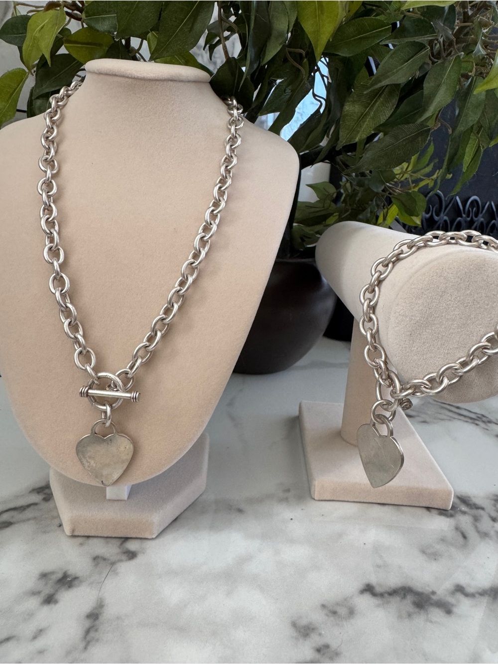 925 Silver Heart Toggle Necklace and Bracelet Set - Polished Silver Chain